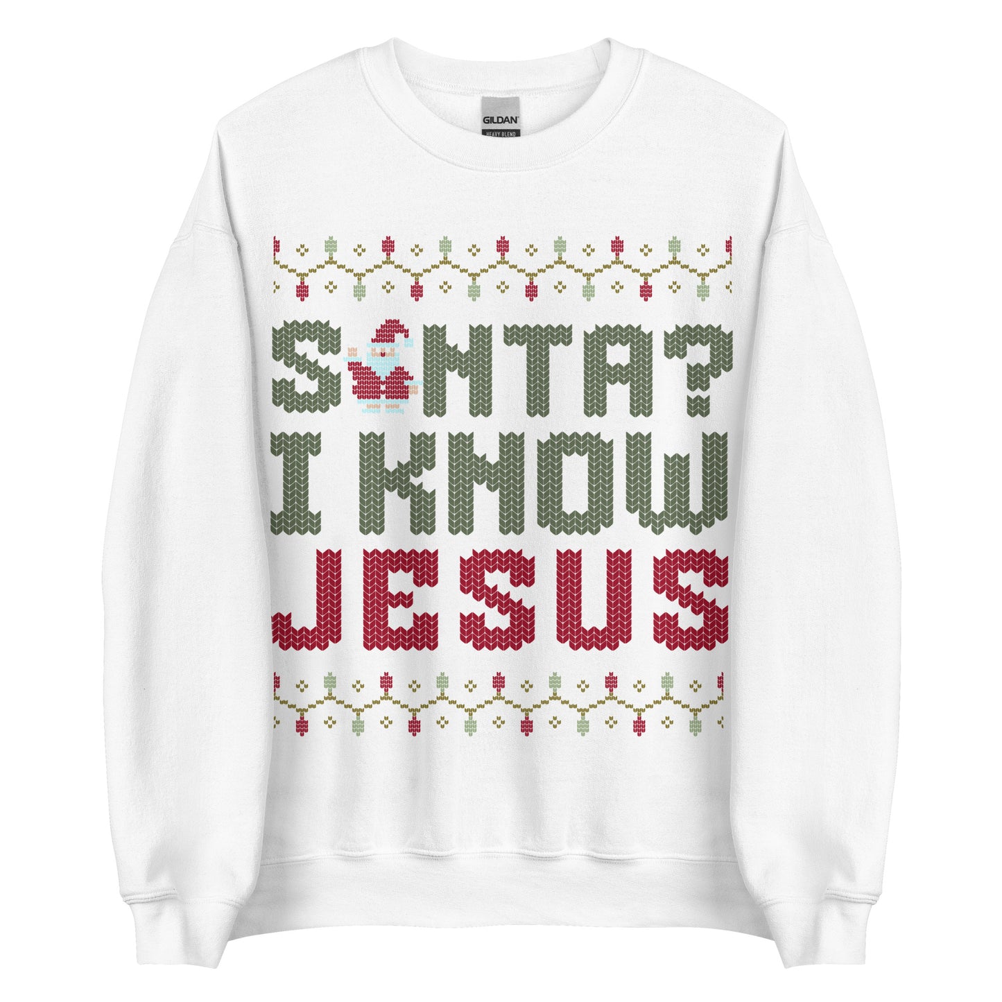 Woman wearing white Christian Christmas sweater with the phrase Santa? I Know Jesus in festive cross-stitch style.