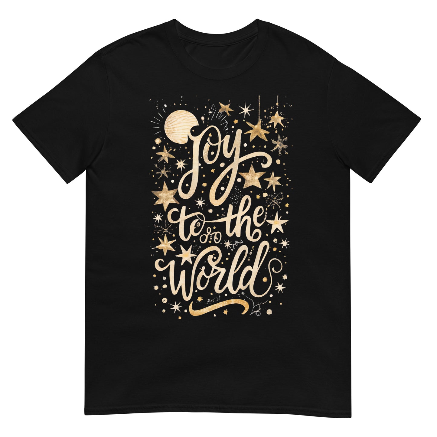 Woman wearing Joy to the World Christian T-shirt — gold star design celebrating Jesus and faith-based Christmas joy.