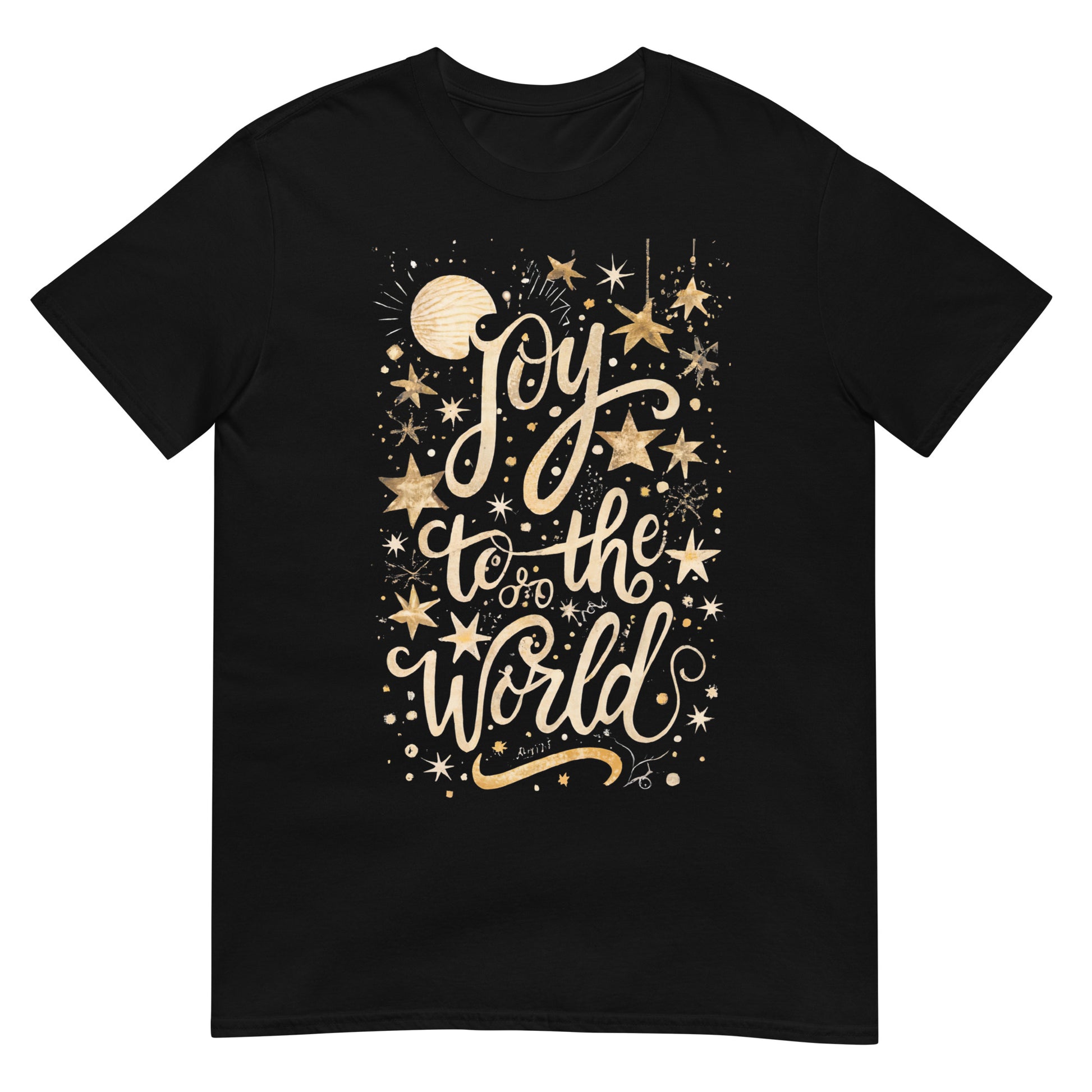Woman wearing Joy to the World Christian T-shirt — gold star design celebrating Jesus and faith-based Christmas joy.