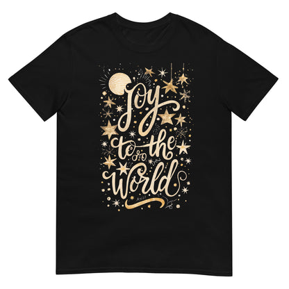 Woman wearing Joy to the World Christian T-shirt — gold star design celebrating Jesus and faith-based Christmas joy.