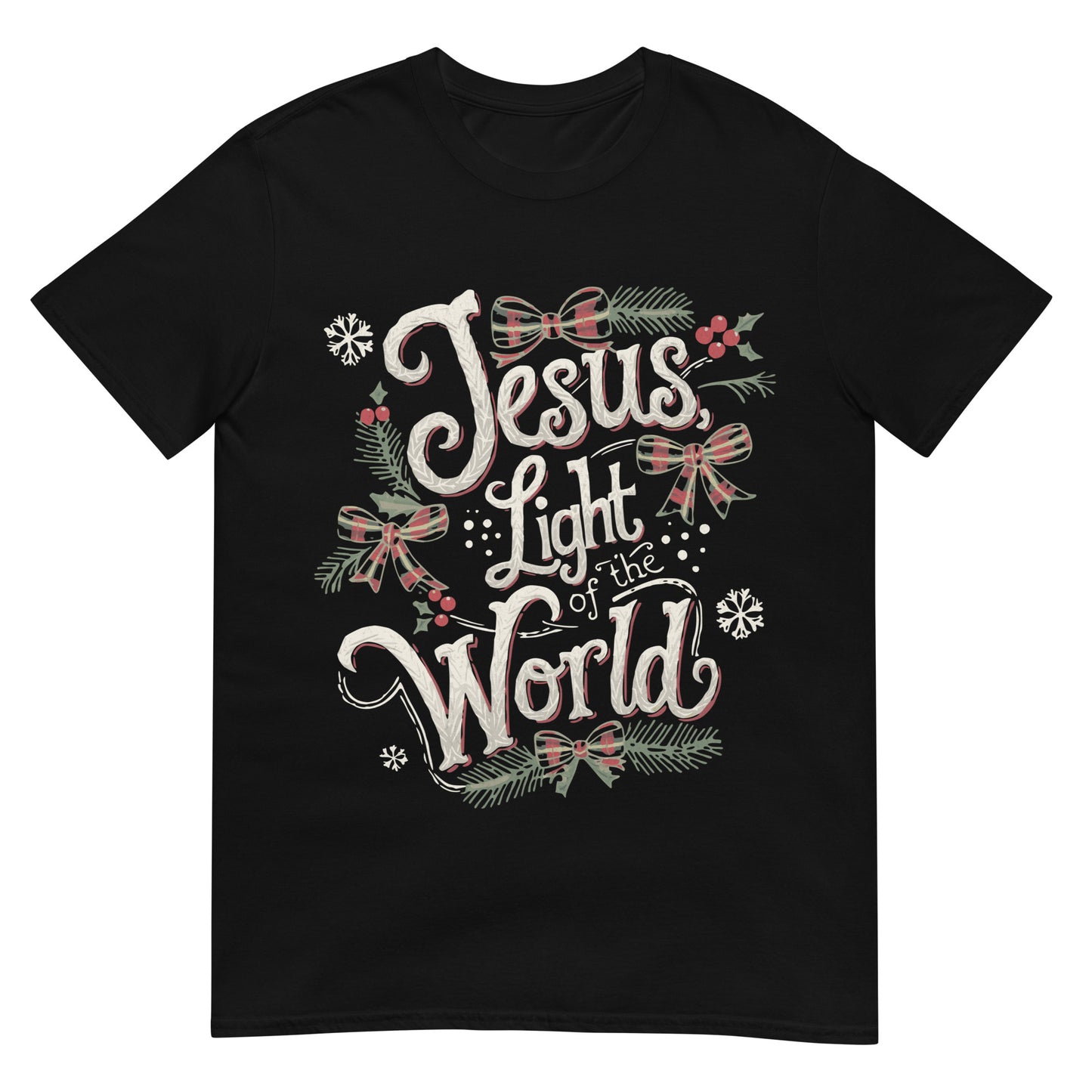 Woman wearing Jesus, Light of the World Christian Christmas T-shirt — plaid bow design celebrating the light of Jesus.