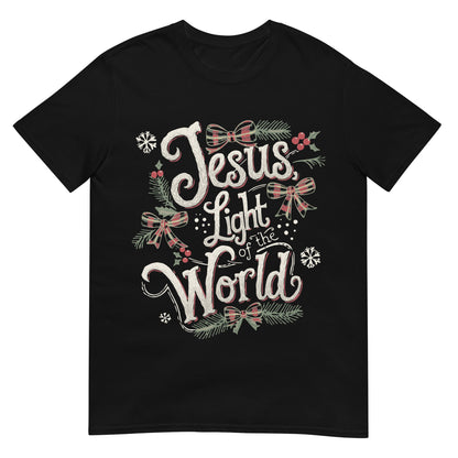 Woman wearing Jesus, Light of the World Christian Christmas T-shirt — plaid bow design celebrating the light of Jesus.