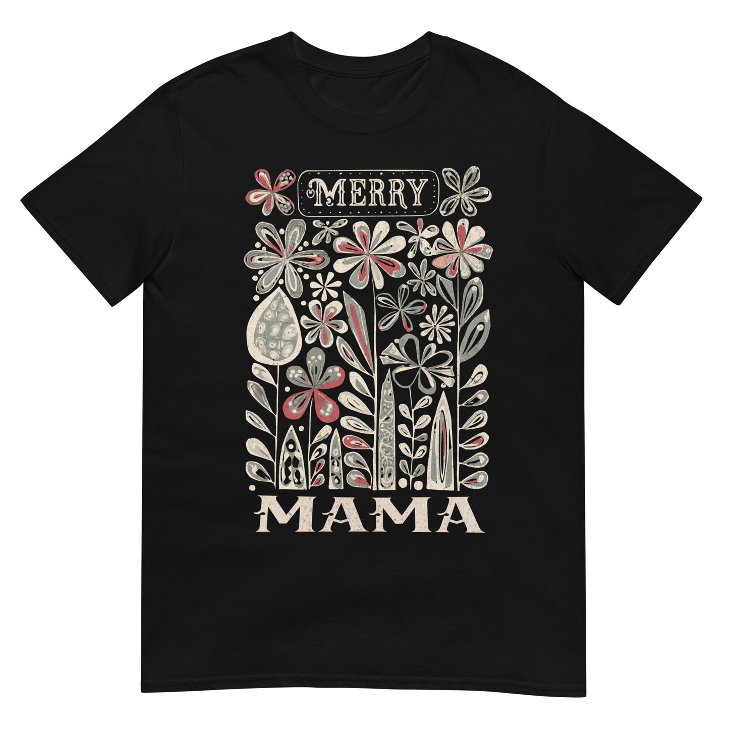 Woman wearing Merry Mama Christmas T-shirt — festive floral design for Christian mums celebrating Christmas.