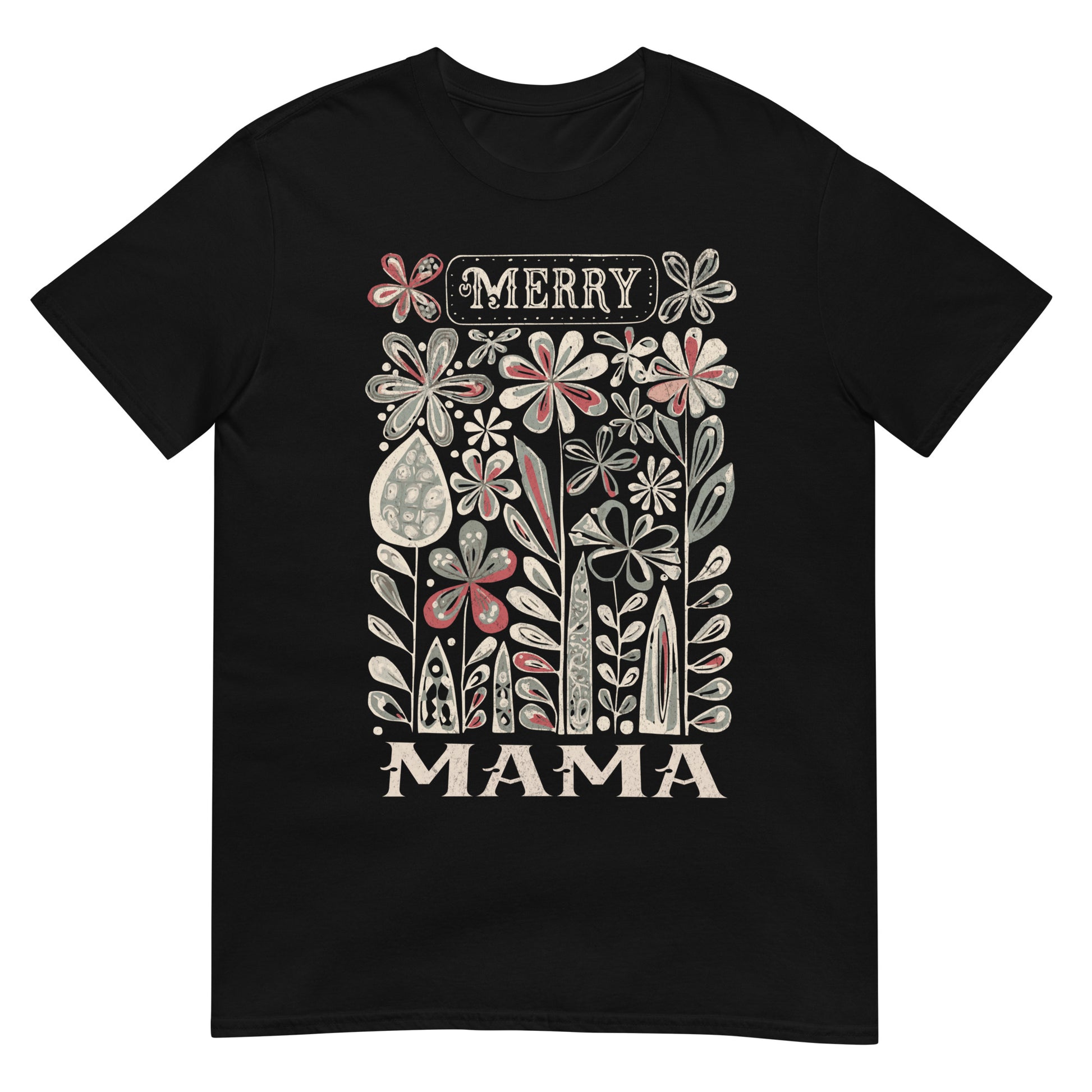 Woman wearing Merry Mama Christmas T-shirt — festive floral design for Christian mums celebrating Christmas.