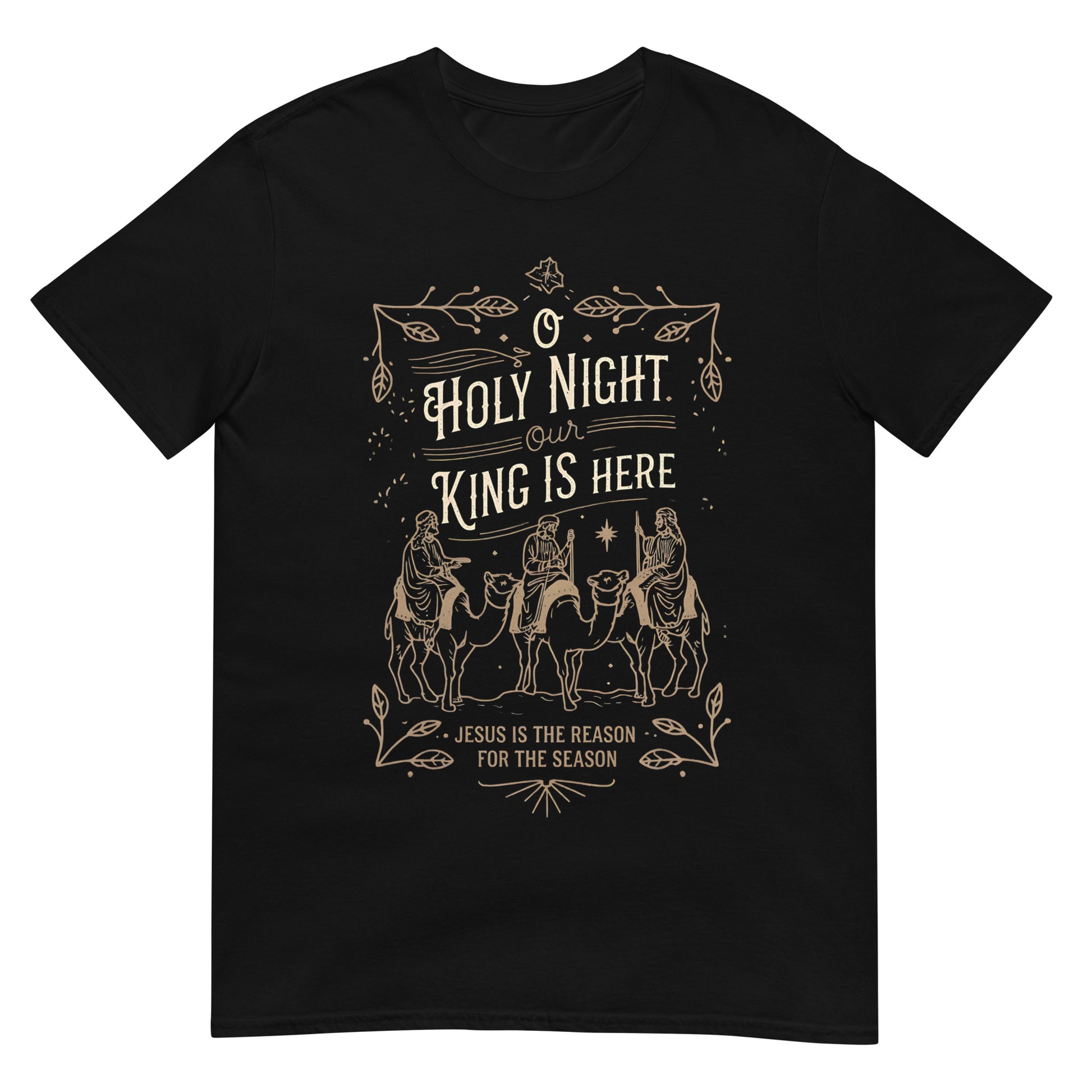Woman wearing O Holy Night Our King Is Here Christian T-shirt with three wise men design — faith-based Christmas apparel celebrating Jesus.