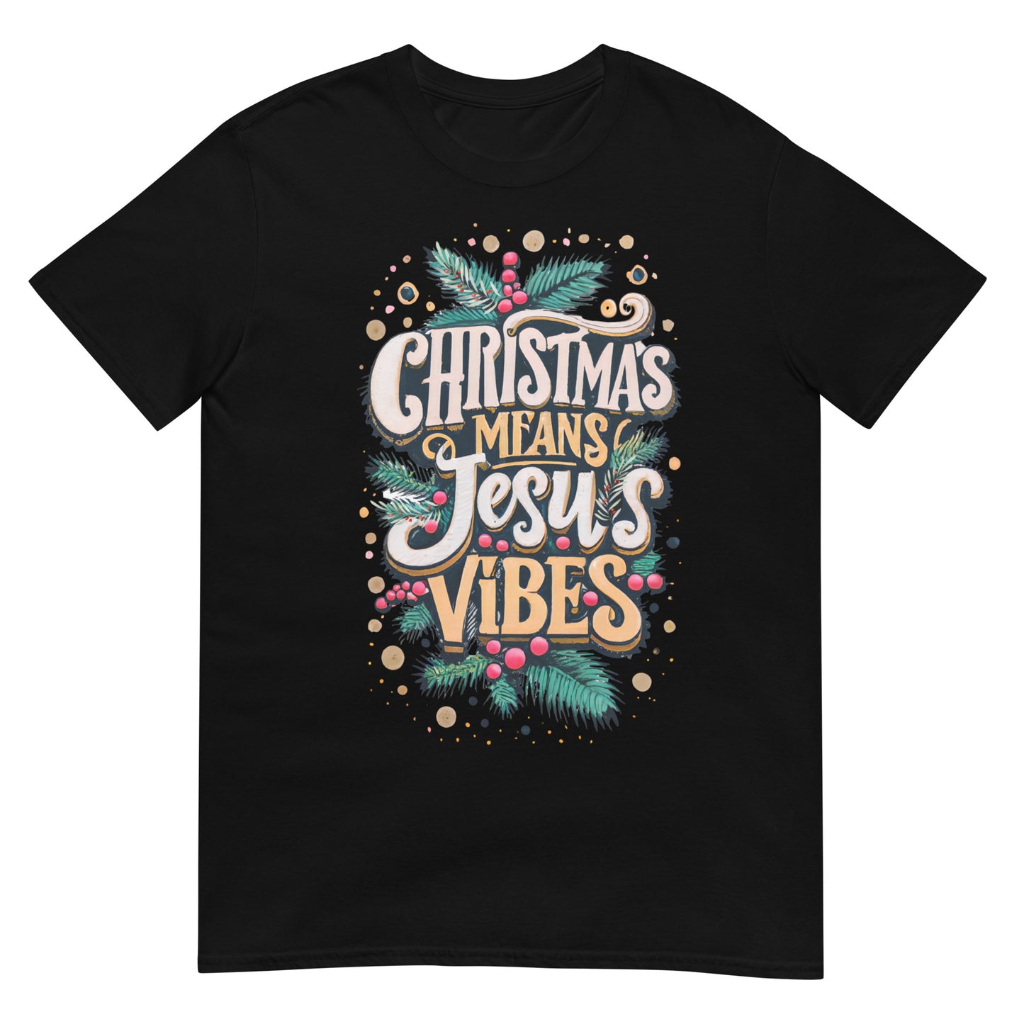 Woman wearing Christmas Means Jesus Vibes Christian T-shirt — faith-based Christmas apparel celebrating Jesus with festive holiday design.