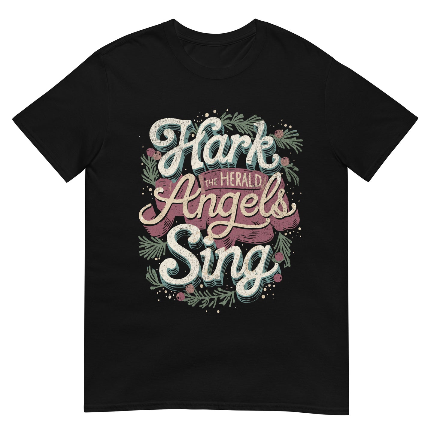 Woman wearing Hark the Herald Angels Sing Christian T-shirt — festive design with holiday greenery celebrating Jesus and Christmas joy.