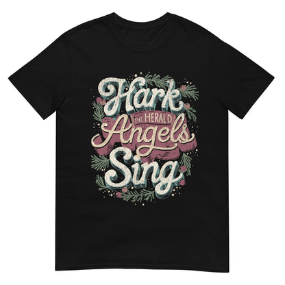 Woman wearing Hark the Herald Angels Sing Christian T-shirt — festive design with holiday greenery celebrating Jesus and Christmas joy.