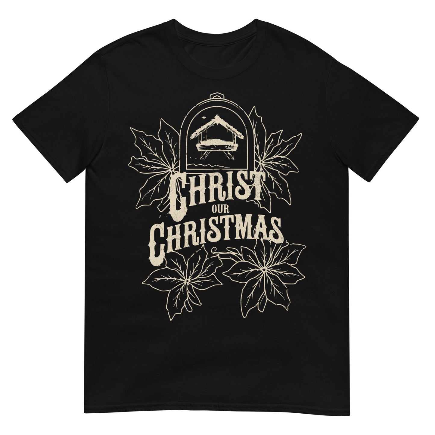 Woman wearing Christ Our Christmas Christian T-shirt with nativity design and poinsettias — faith-based apparel celebrating Jesus this holiday.