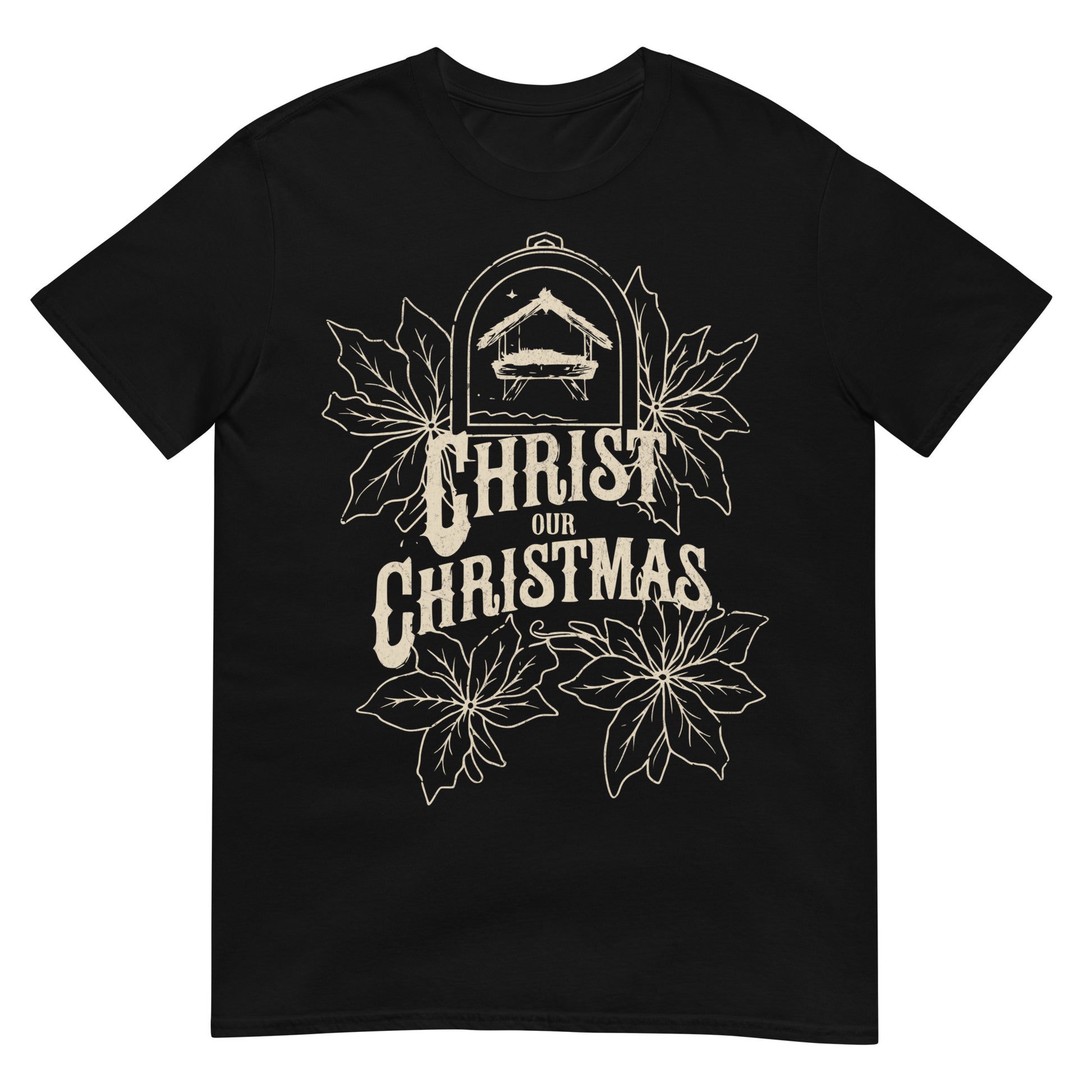 Woman wearing Christ Our Christmas Christian T-shirt with nativity design and poinsettias — faith-based apparel celebrating Jesus this holiday.