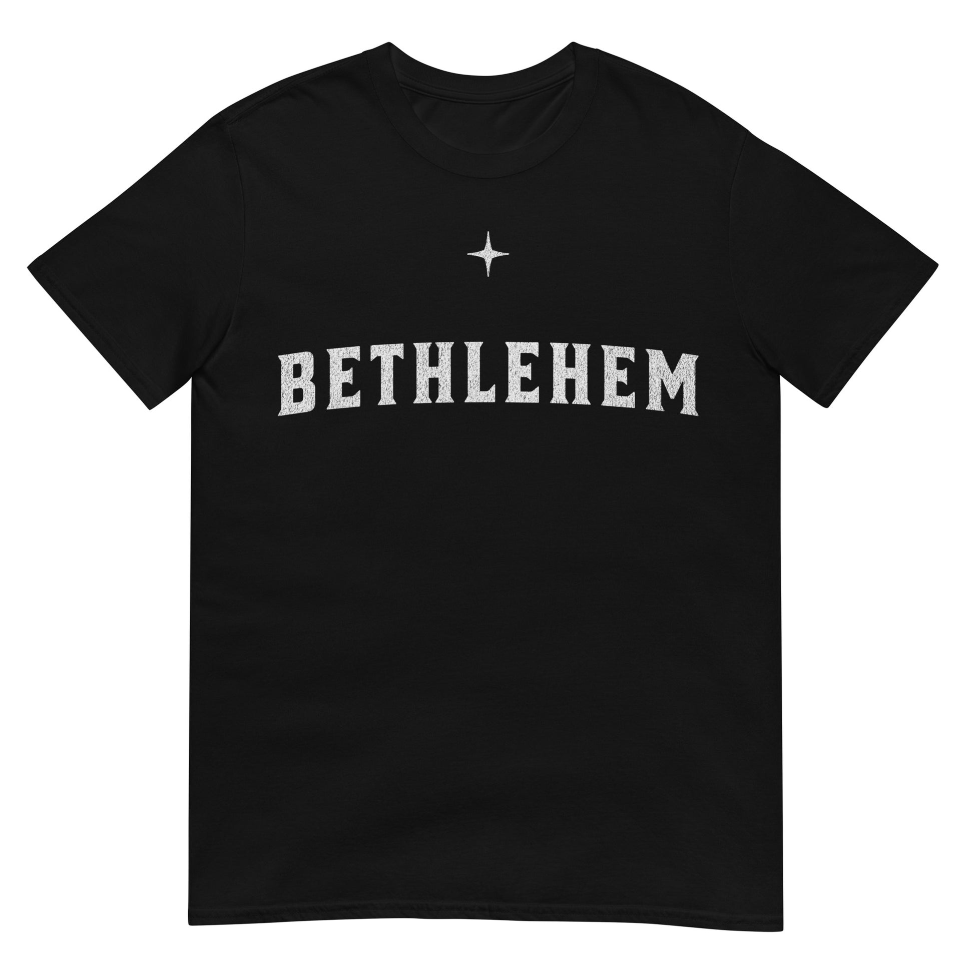 Woman wearing Bethlehem Christian T-shirt — minimalist Christmas faith apparel honoring the birthplace of Jesus.