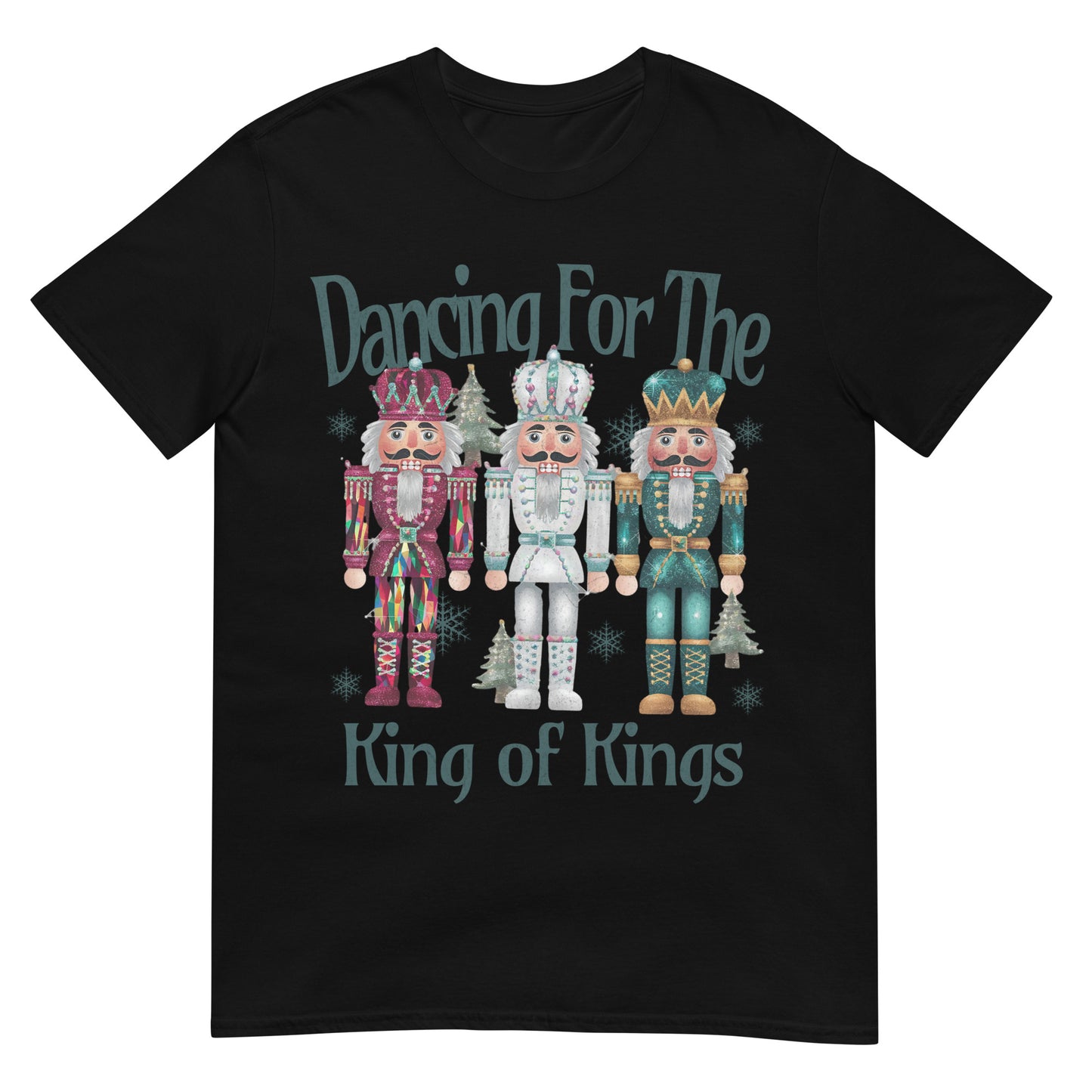 Woman wearing Dancing for the King of Kings Christian Christmas T-shirt with festive nutcracker design — joyful faith apparel celebrating Jesus.