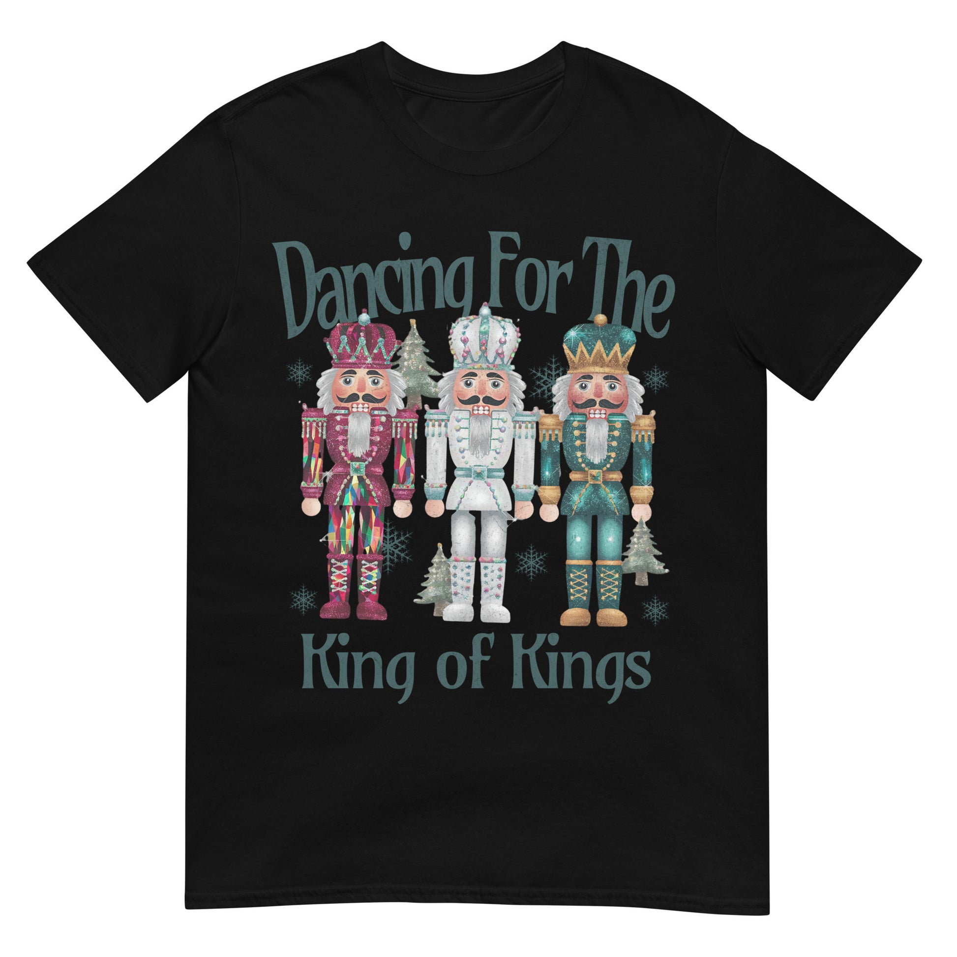 Woman wearing Dancing for the King of Kings Christian Christmas T-shirt with festive nutcracker design — joyful faith apparel celebrating Jesus.