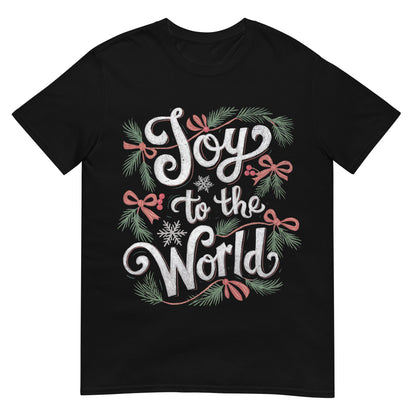 Woman wearing Joy to the World Christian Christmas T-shirt — festive faith-based design with greenery and red bows.