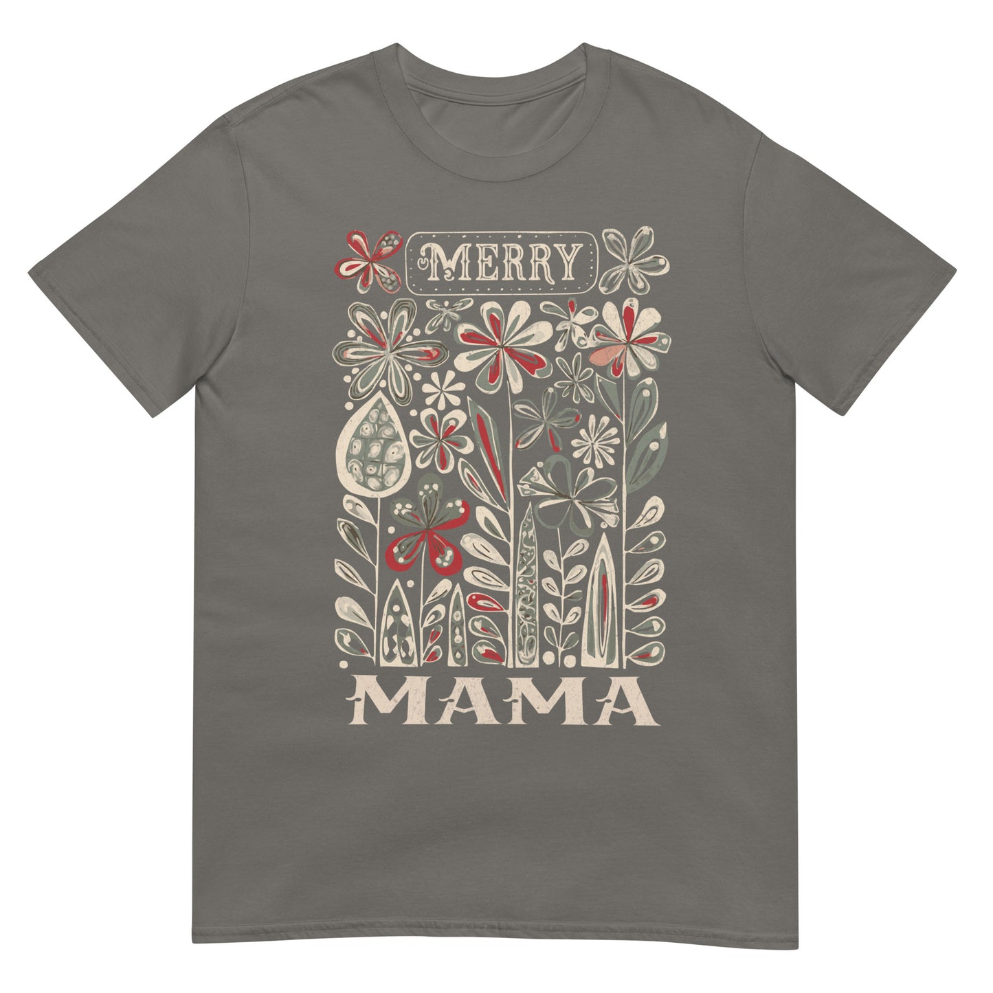 Woman wearing Merry Mama Christmas T-shirt — festive floral design for Christian mums celebrating Christmas.
