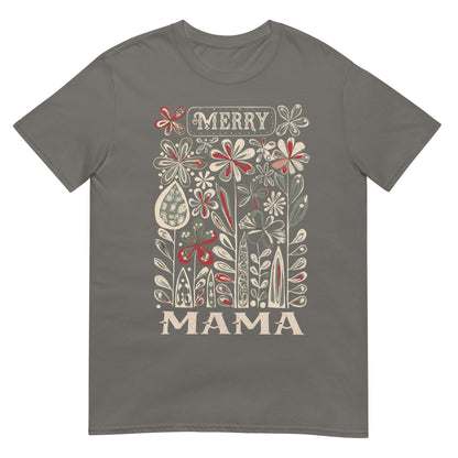 Woman wearing Merry Mama Christmas T-shirt — festive floral design for Christian mums celebrating Christmas.