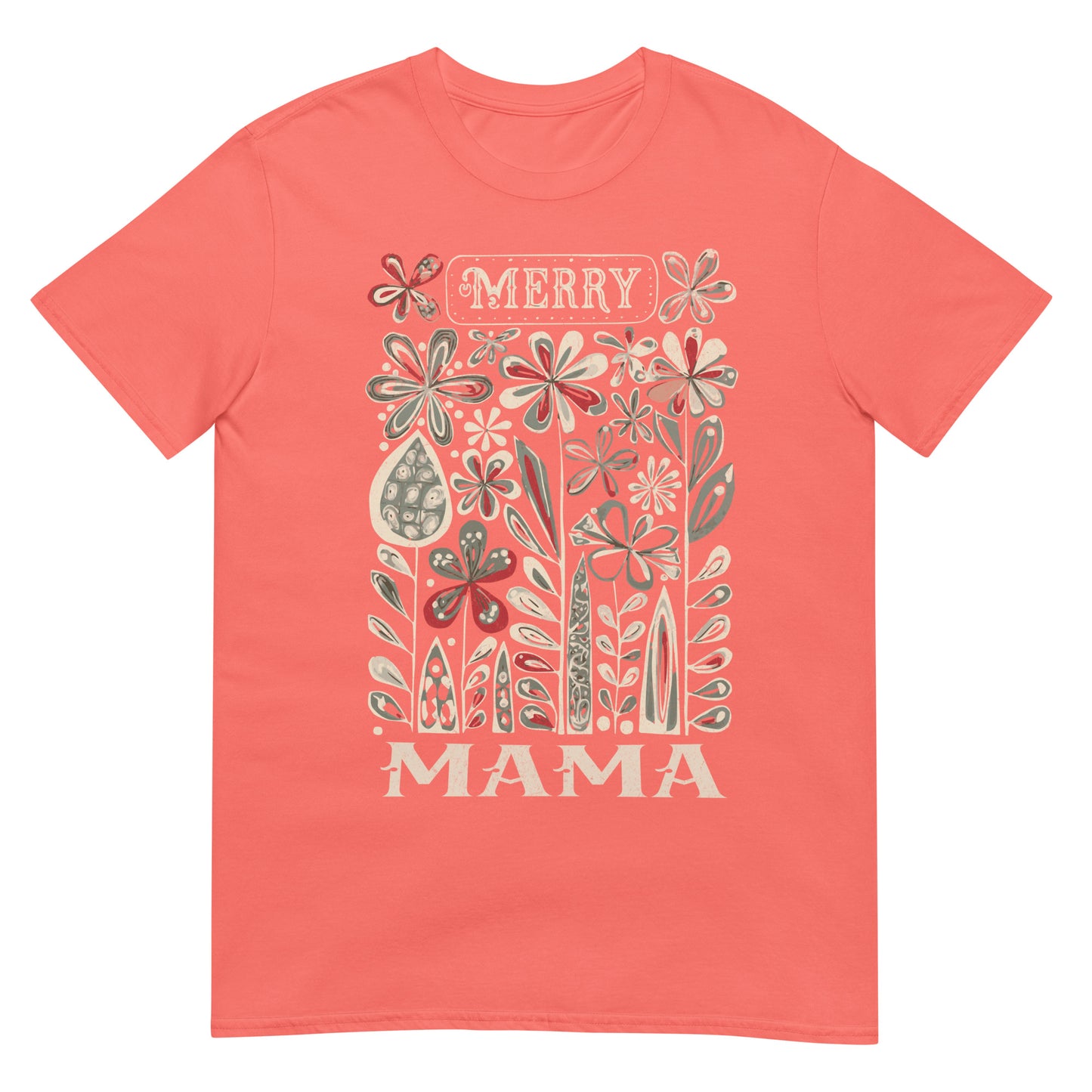 Woman wearing Merry Mama Christmas T-shirt — festive floral design for Christian mums celebrating Christmas.