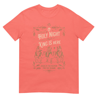 Woman wearing O Holy Night Our King Is Here Christian T-shirt with three wise men design — faith-based Christmas apparel celebrating Jesus.
