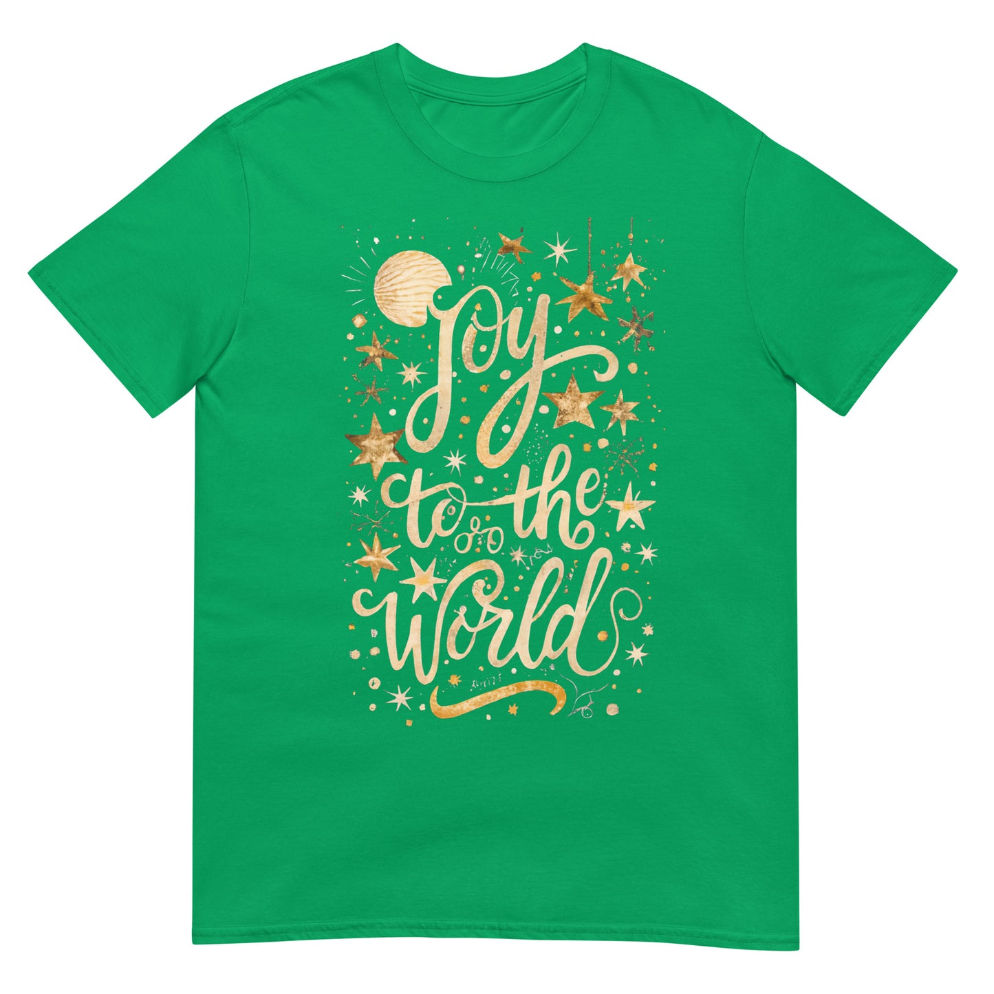 Woman wearing Joy to the World Christian T-shirt — gold star design celebrating Jesus and faith-based Christmas joy.