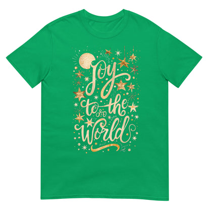 Woman wearing Joy to the World Christian T-shirt — gold star design celebrating Jesus and faith-based Christmas joy.
