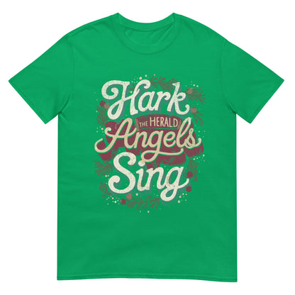 Woman wearing Hark the Herald Angels Sing Christian T-shirt — festive design with holiday greenery celebrating Jesus and Christmas joy.