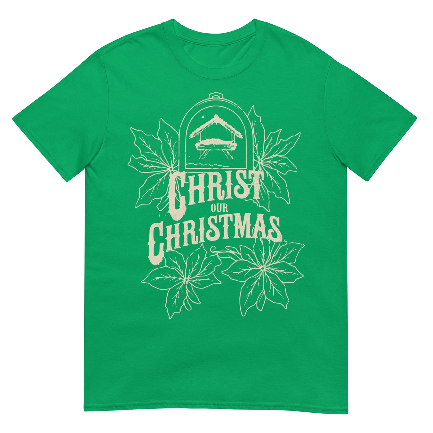 Woman wearing Christ Our Christmas Christian T-shirt with nativity design and poinsettias — faith-based apparel celebrating Jesus this holiday.