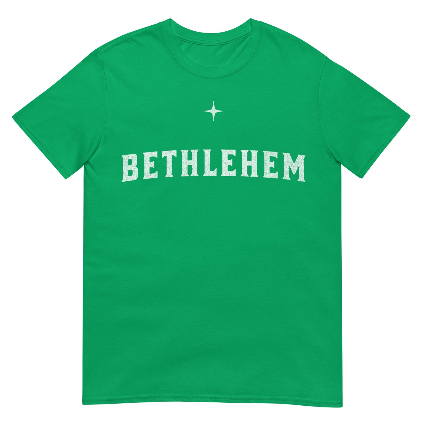 Woman wearing Bethlehem Christian T-shirt — minimalist Christmas faith apparel honoring the birthplace of Jesus.