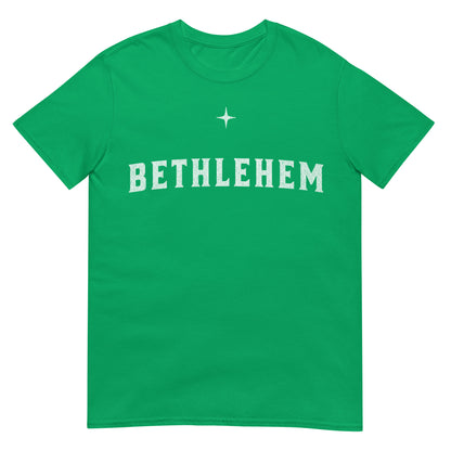 Woman wearing Bethlehem Christian T-shirt — minimalist Christmas faith apparel honoring the birthplace of Jesus.