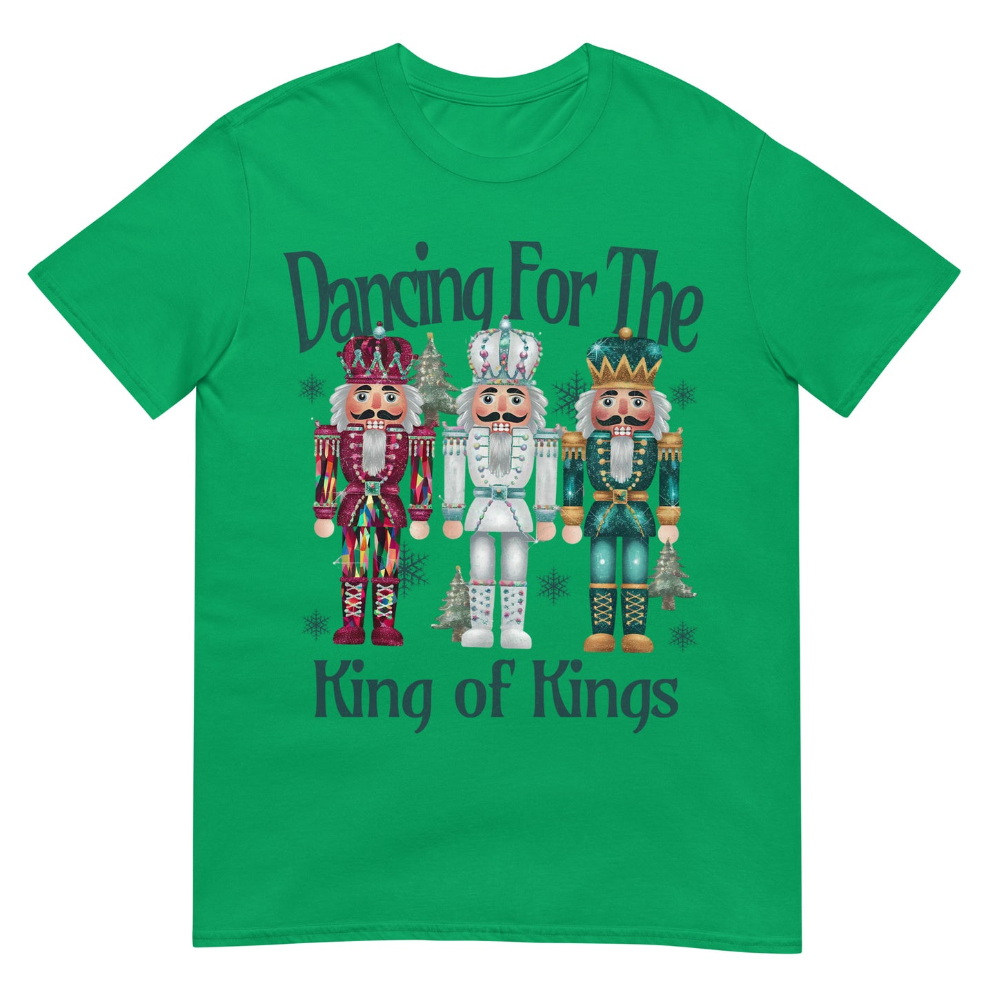 Woman wearing Dancing for the King of Kings Christian Christmas T-shirt with festive nutcracker design — joyful faith apparel celebrating Jesus.