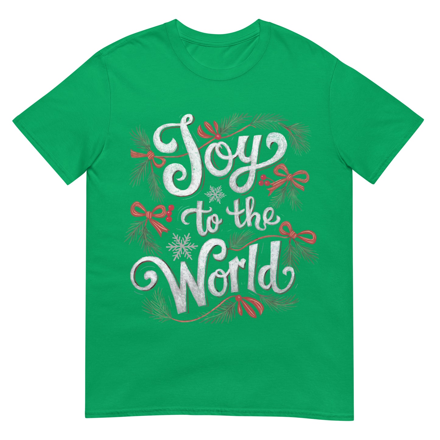 Woman wearing Joy to the World Christian Christmas T-shirt — festive faith-based design with greenery and red bows.