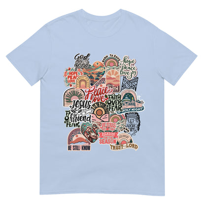 Woman wearing Jesus Is the Reason for the Season Christian T-shirt with collage design — Christmas faith apparel celebrating Jesus.