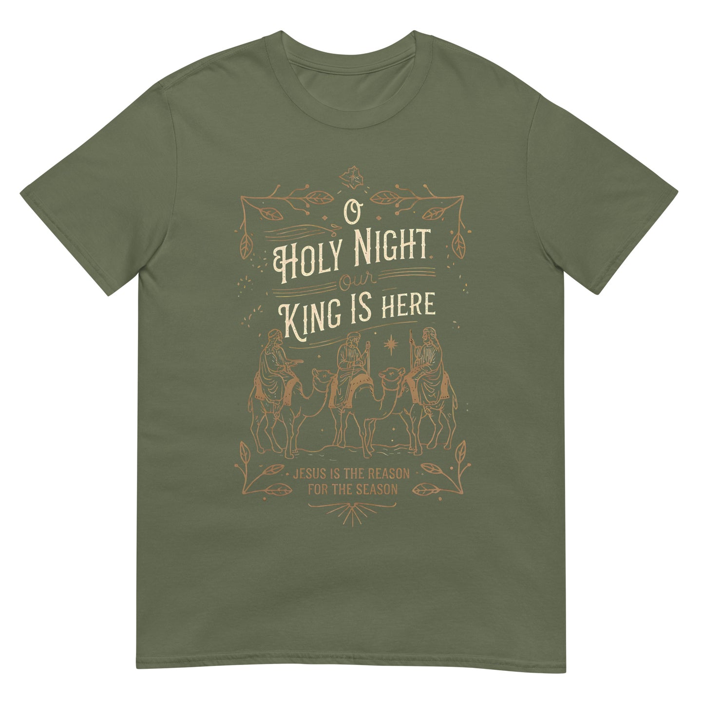 Woman wearing O Holy Night Our King Is Here Christian T-shirt with three wise men design — faith-based Christmas apparel celebrating Jesus.