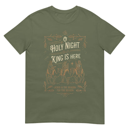 Woman wearing O Holy Night Our King Is Here Christian T-shirt with three wise men design — faith-based Christmas apparel celebrating Jesus.