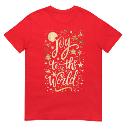Woman wearing Joy to the World Christian T-shirt — gold star design celebrating Jesus and faith-based Christmas joy.