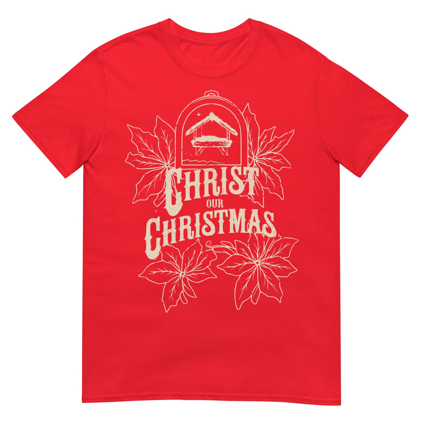 Woman wearing Christ Our Christmas Christian T-shirt with nativity design and poinsettias — faith-based apparel celebrating Jesus this holiday.