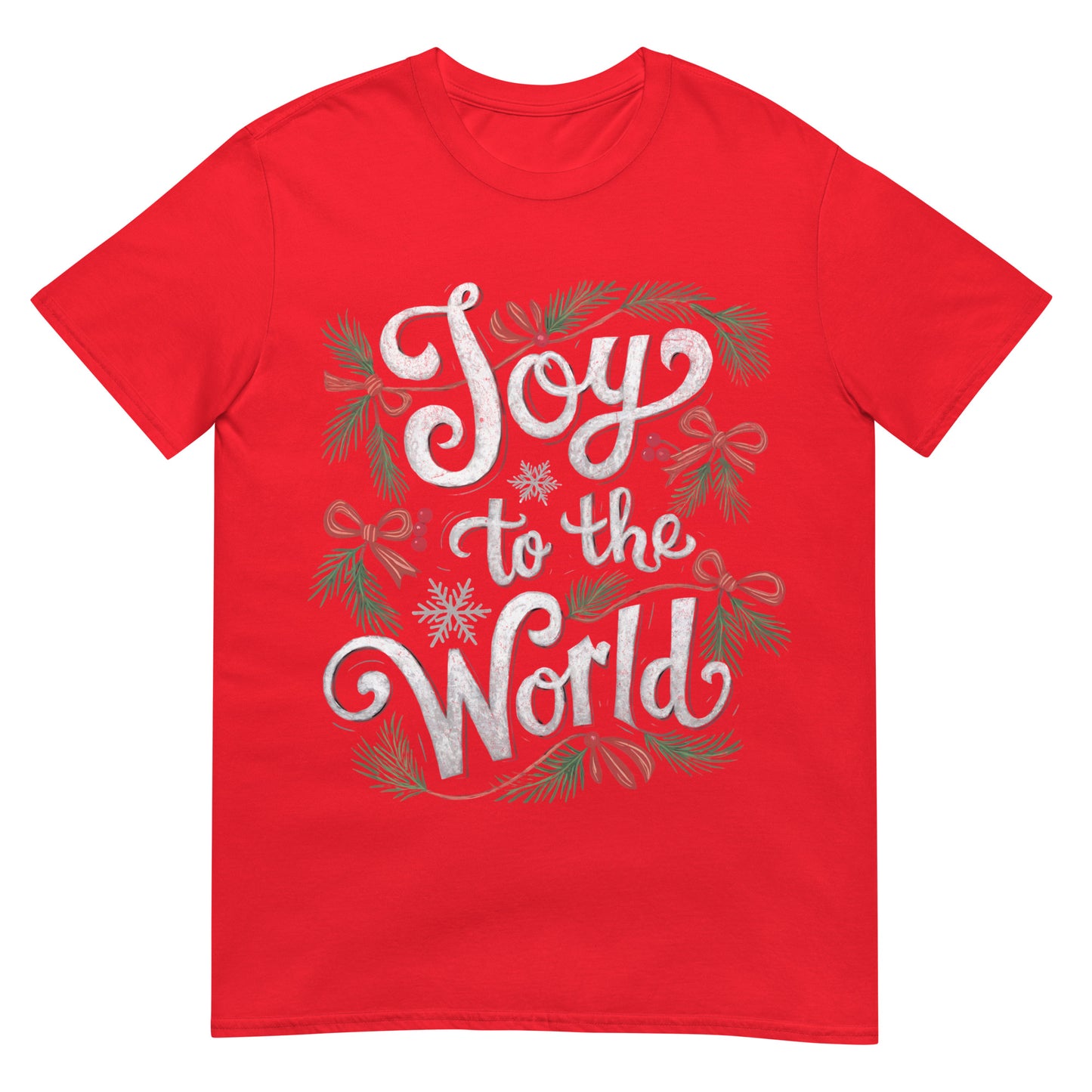 Woman wearing Joy to the World Christian Christmas T-shirt — festive faith-based design with greenery and red bows.