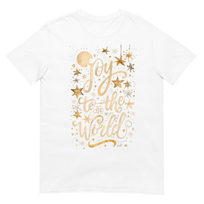 Woman wearing Joy to the World Christian T-shirt — gold star design celebrating Jesus and faith-based Christmas joy.