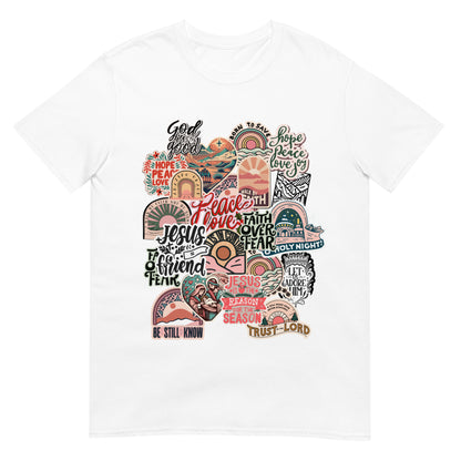 Woman wearing Jesus Is the Reason for the Season Christian T-shirt with collage design — Christmas faith apparel celebrating Jesus.