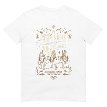 Woman wearing O Holy Night Our King Is Here Christian T-shirt with three wise men design — faith-based Christmas apparel celebrating Jesus.