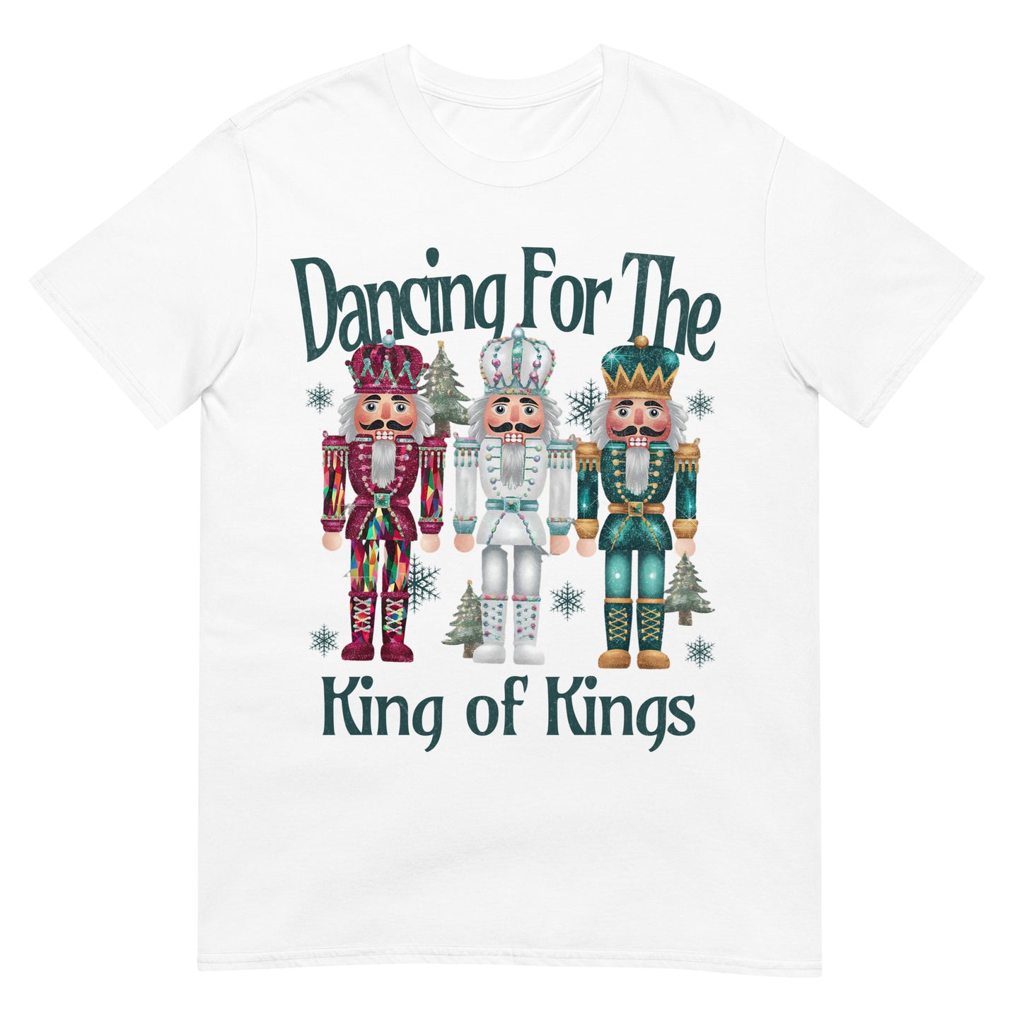 Woman wearing Dancing for the King of Kings Christian Christmas T-shirt with festive nutcracker design — joyful faith apparel celebrating Jesus.