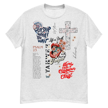 Faith apparel featuring Psalm 23 and More Than a Conqueror design Christian t-shirt with worship while you wait message and floral cross