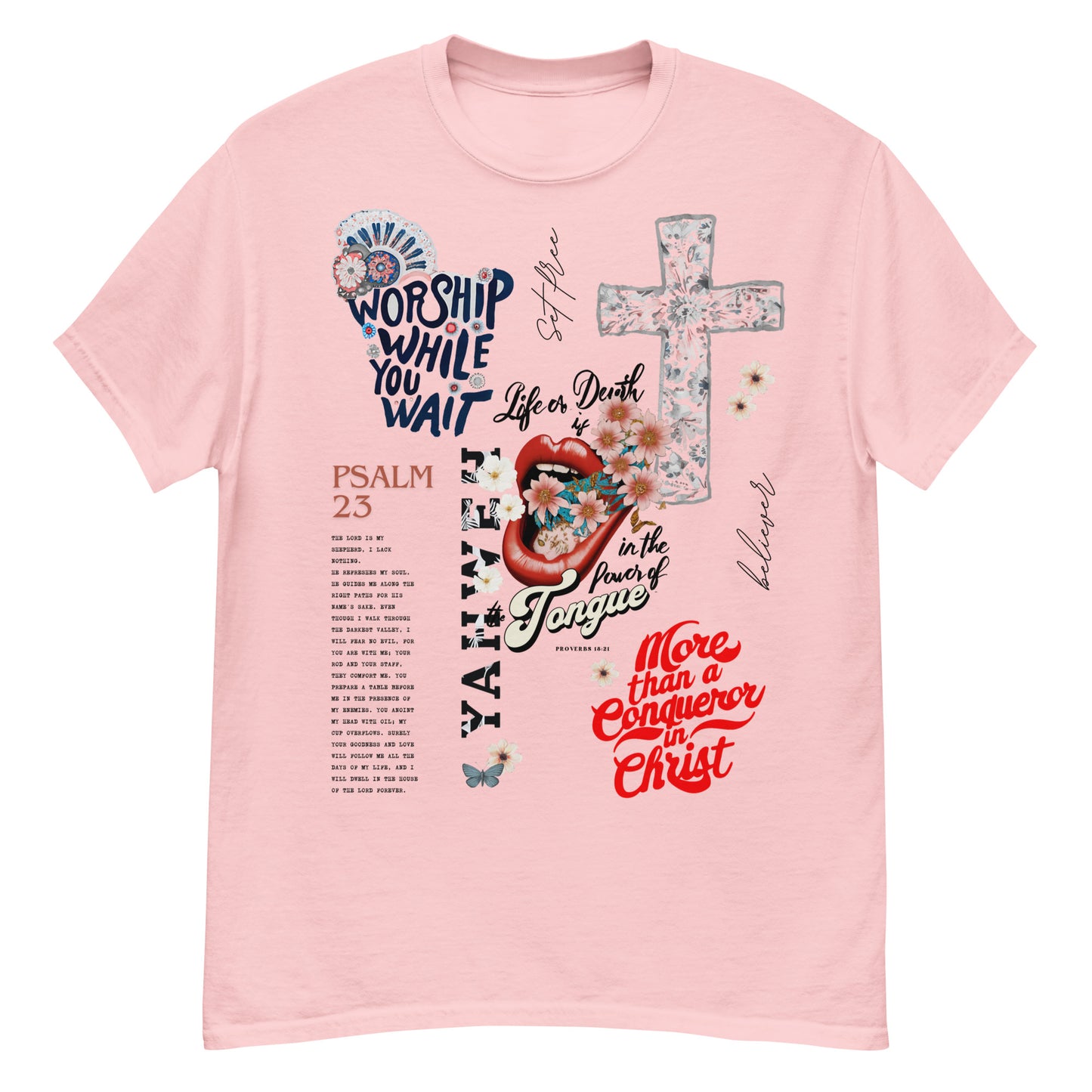 Faith apparel featuring Psalm 23 and More Than a Conqueror design Christian t-shirt with worship while you wait message and floral cross