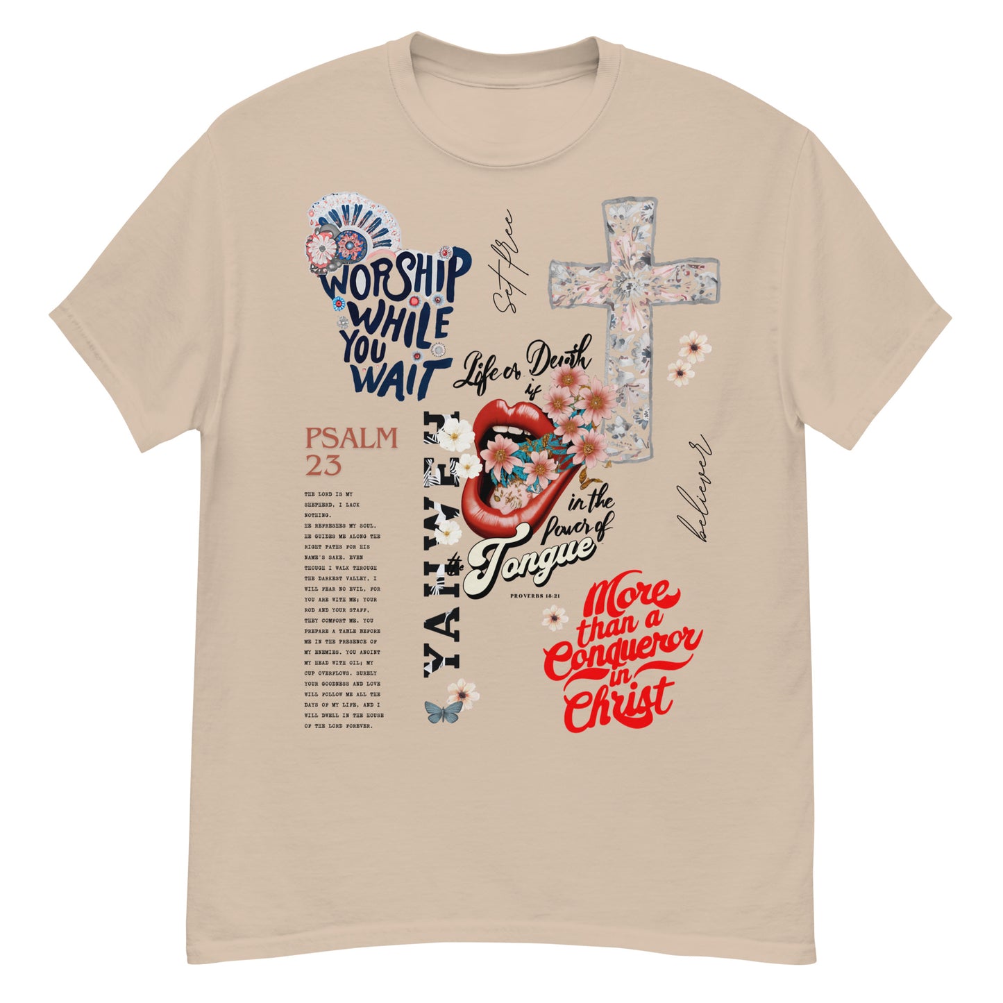 Faith apparel featuring Psalm 23 and More Than a Conqueror design Christian t-shirt with worship while you wait message and floral cross