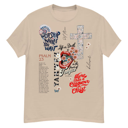 Faith apparel featuring Psalm 23 and More Than a Conqueror design Christian t-shirt with worship while you wait message and floral cross