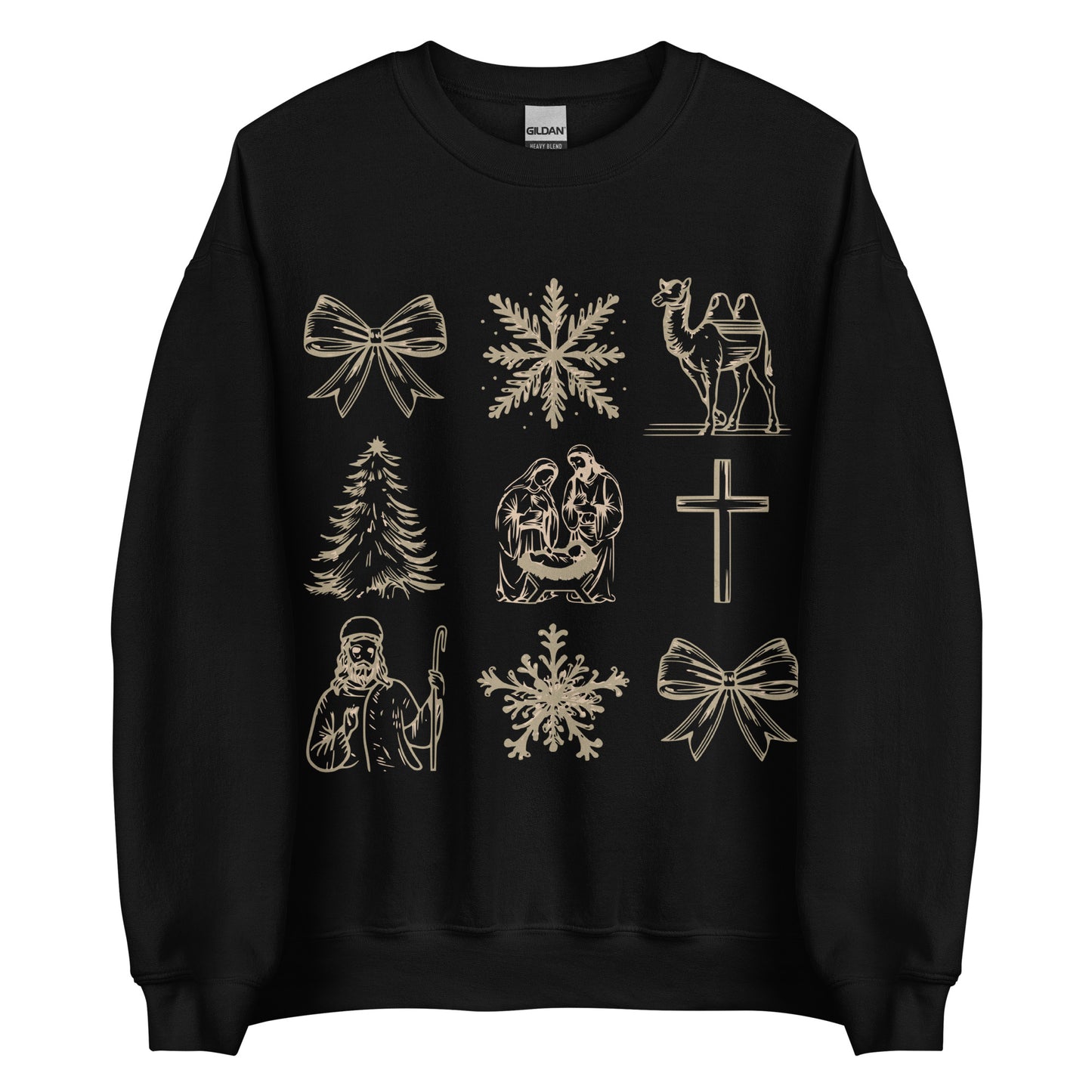 Woman wearing Holy Night Icons Christian Christmas sweater with nativity, cross, camel, shepherd, and festive gold detailing.