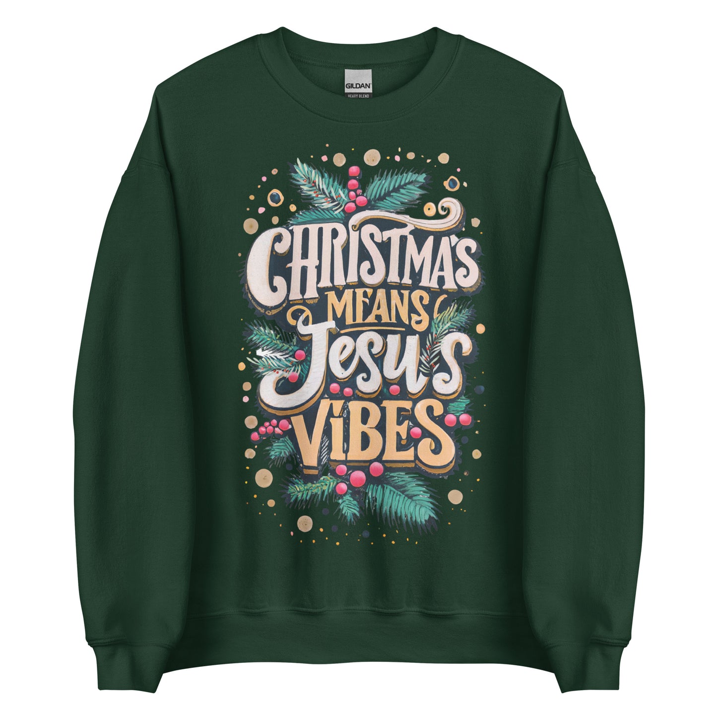 Woman wearing white Christmas Means Jesus Vibes Christian sweater with festive holly and pine design.