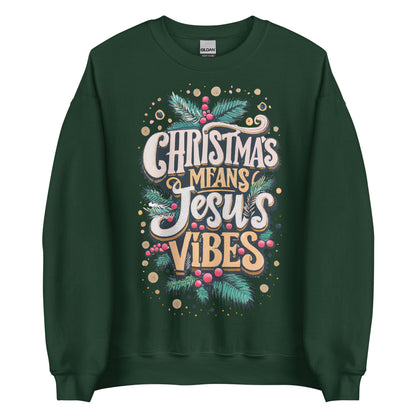 Woman wearing white Christmas Means Jesus Vibes Christian sweater with festive holly and pine design.