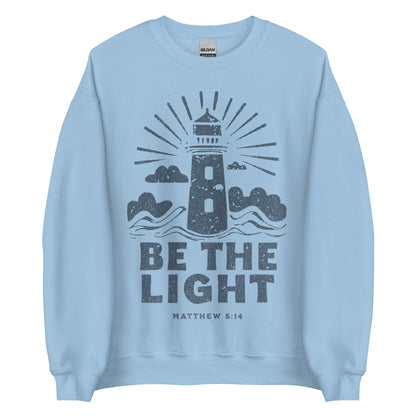 Faith sweatshirt with lighthouse and Matthew 5:14 design. Christian sweatshirt for women encouraging them to be the light