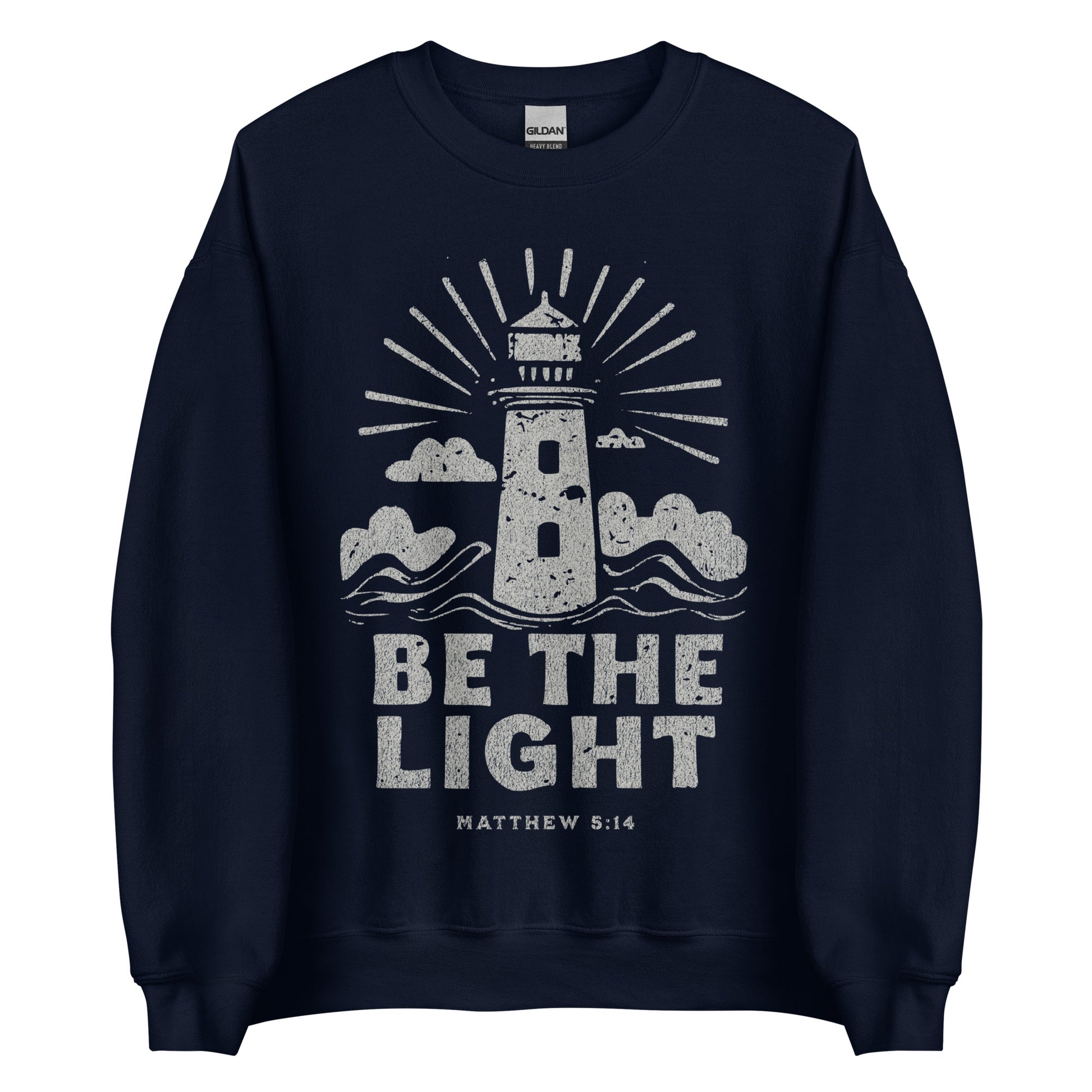 Faith sweatshirt with lighthouse and Matthew 5:14 design. Christian sweatshirt for women encouraging them to be the light