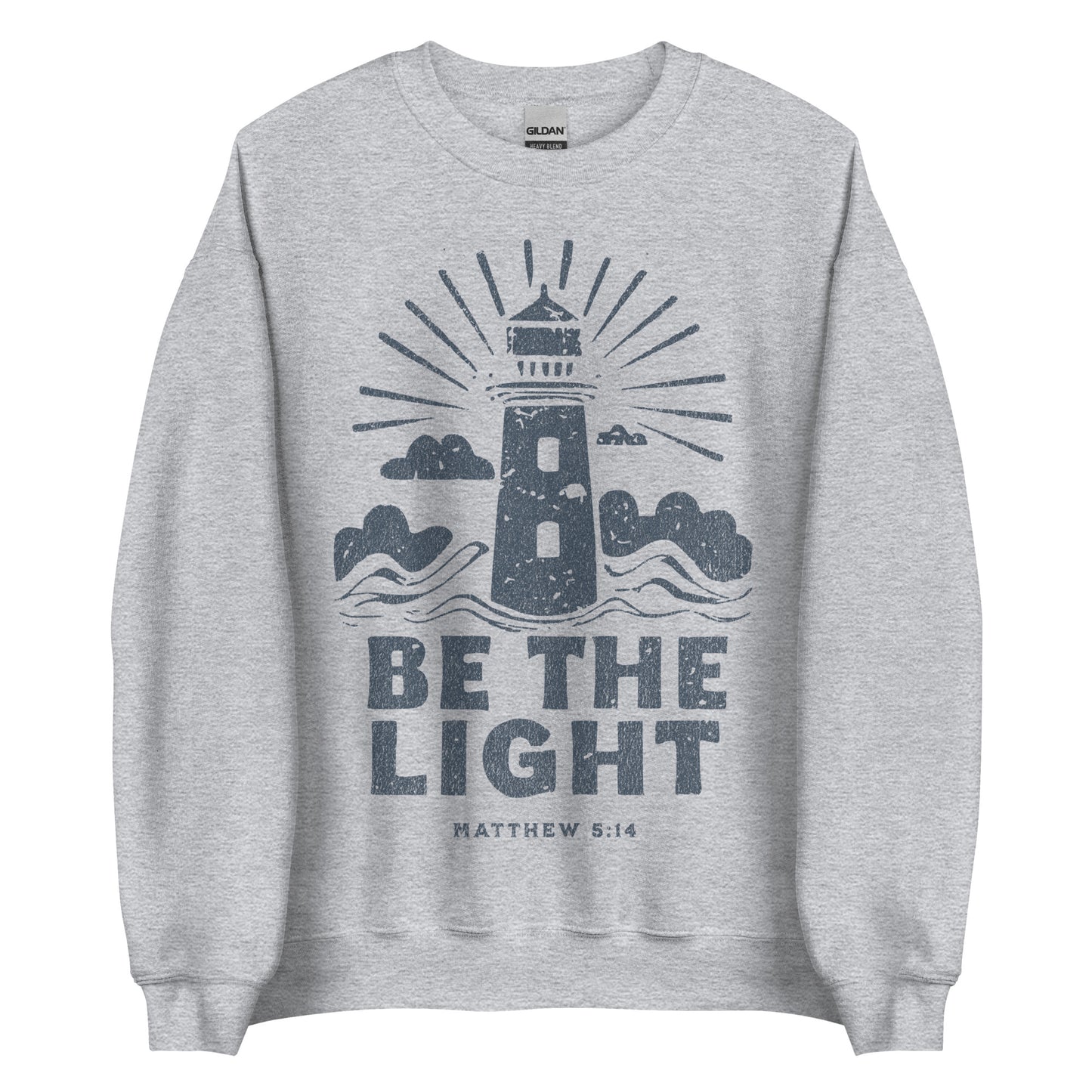 Faith sweatshirt with lighthouse and Matthew 5:14 design. Christian sweatshirt for women encouraging them to be the light